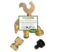 MYPURECORE Brass Garden Tap Kit - 3/4" BSP Outdoor Bib Tap with Female Tap Connector & Solid Brass Hose Connector, Heavy-Duty Quick Connect Garden Tap Set for Garden & Irrigation (Rooster Handle)