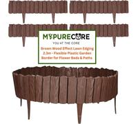 MYPURECORE Brown Wood Effect Lawn Edging 2.3M Flexible Plastic Garden Border , Weather Resistant Recyclable Palisade Easy Install Edging