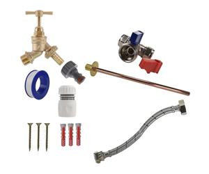 MYPURECORE Complete Outdoor Tap Kit - Brass Garden Bib Tap with Wall Plate, Isolating Tee, PTFE & Fixings - DIY Outside Tap Installation Kit for Hose, Jet Wash, Garden Water Access