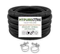 MYPURECORE Corrugated Flexible Pond Hose Pipe - 32mm / 1.25" Black PVC Water Tubing with Double-Wired Clips - for Pond Pumps, Filters, Waterfalls & Drainage Systems - Multiple Lengths (15-Meter)