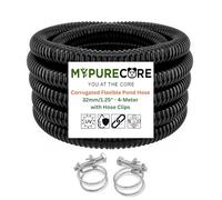 MYPURECORE Corrugated Flexible Pond Hose Pipe - 32mm / 1.25" Black PVC Water Tubing with Double-Wired Clips - for Pond Pumps, Filters, Waterfalls & Drainage Systems - Multiple Lengths (4-Meter)