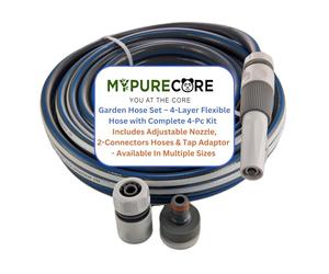 MYPURECORE Garden Hose Set - 4-Layer Flexible Hose with Complete 4-Pc Kit - Adjustable Nozzle, 2 Connectors for 1/2" & 5/8" Hoses, Female Thread Tap Adaptor - Kink-Resistant, UV-Protected (10m)