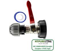 Mypurecore Ibc 2Inch S60X6 Cap With Lever Valve And 32mm Mdpe Straight Coupler And Ptfe Tape Durable Leak Proof Plumbing Solution