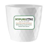 MYPURECORE Plant Pots Indoor 14cm - Stylish Decorative Plastic Flower Pot with Glossy Crystal Surface - Durable Indoor & Outdoor Planter for House Plants, Herbs (White, 14 cm)