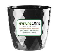 MYPURECORE Plant Pots Indoor 14cm - Stylish Decorative Plastic Flower Pot with Glossy Crystal Surface - Durable Indoor & Outdoor Planter for House Plants, Herbs (Black, 14 cm)