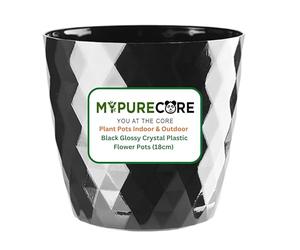 MYPURECORE Plant Pots Indoor 18cm - Stylish Decorative Plastic Flower Pot with Glossy Crystal Surface - Durable Indoor & Outdoor Planter for House Plants, Herbs (Black, 18 cm)