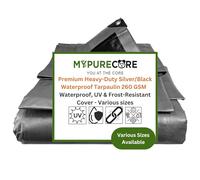 MYPURECORE Premium Heavy-Duty Tarpaulin 260 GSM - Waterproof, UV & Frost-Resistant Cover - Versatile for Camping, Garden, Gazebo, Trailer - Silver/Black Sheet with Reinforcement Edge (2m x 2m)