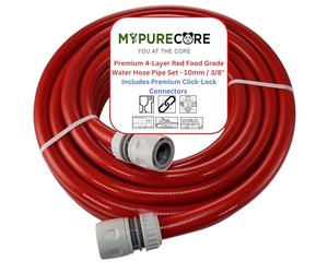 MYPURECORE Red 10mm 3/8" Hot Water Hose Pipe - Heat-Resistant Drinking Water Hose with Connectors - Flexible PVC Tubing for Caravan, Motorhome, Campervan, Boat & Garden - Non-Toxic & Safe (10m)