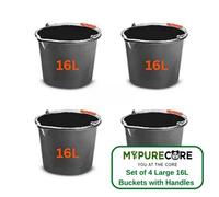 MYPURECORE Set Of 4 16L Gallon Black Plastic Bucket With Handles -Sturdy Water Bucket Big Bucket With Measuring - Ideal For Home And Garden
