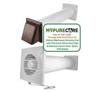 Mypurecore Through Wall Ventilation Kit - 100mm Bathroom Extractor Fan With Pull Cord, 50Cm Duct And Louvre Vent - Ipx4 (Brown)