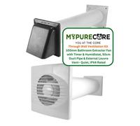 Mypurecore Through Wall Ventilation Kit 100mm Bathroom Extractor Fan With Timer, Humidistat - 50Cm Pvc Duct And Louvre Vent (Grey)