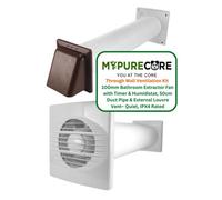Mypurecore Through Wall Ventilation Kit 100mm Bathroom Extractor Fan With Timer, Humidistat - 50Cm Pvc Duct And Louvre Vent (Brown)
