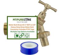 Mypurecore Water Butt Brass Kit 1Inch Bsp To 3/4Inch Tank Connector Plus Ptfe Tape With Tap Options (Connector Plus Brass Bib Tap Barb)
