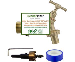 Mypurecore Water Butt Brass Kit 3/4" Bsp To 1/2" Brass Tank Connector With Drill +Ptfe Tape (Barbed Outlet)