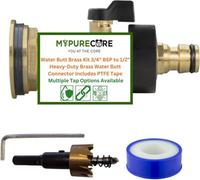 Mypurecore Water Butt Brass Kit 3/4" Bsp To 1/2" Brass Tank Connector With Drill +Ptfe Tape (Valve With Quick Connect)