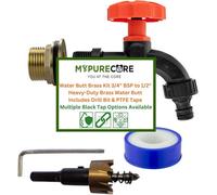 Mypurecore Water Butt Brass Kit 3/4Inch Bsp To 1/2Inch Tank Connector Black Dial Tap W/ Drill Bit (Quick-Connect)