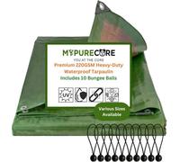 Mypurecore Waterproof Tarpaulin Heavy-Duty 220Gsm Green/brown Tarp With 10 Bungee Balls (1.5M X 2M)