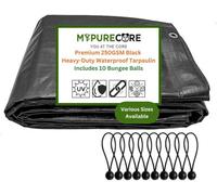 Mypurecore Waterproof Tarpaulin Heavy-Duty 250Gsm Black Premium - Durable Plus 10 Bungee Balls (6M X 8M)