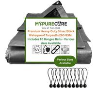 Mypurecore Waterproof Tarpaulin Heavy-Duty 260Gsm Silver/black Tarp With 10 Bungee Balls (5M X 5M)