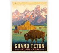 MyPuzzle Grand Teton National Park: Bison & Barn, Vintage Poster - Premium 1000 Piece Jigsaw Puzzle for Adults