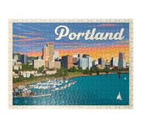 MyPuzzle Portland, Oregon: Waterfont Skyline, Vintage Poster - Premium 500 Piece Jigsaw Puzzle for Adults