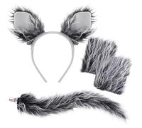 Myqiqi Grey Wolf Cosplay Accessory Kit, Faux Fur Wolf Ears Headband, Adjustable Tail & Paw Gloves for Halloween Carnival Themed Outfit