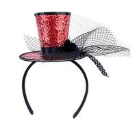 Myqiqi Mini Top Hat Headband with Veil - Red Glitter Fascinator for Halloween, Circus, Steampunk and Theme Party Costumes (Red)