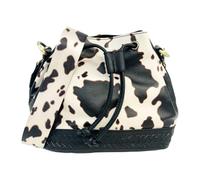 Myra Bag Drawstring Bucket Bag for Women - Western Leather Cow Print Purse, Bone, Western