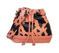 Myra Bag Drawstring Bucket Bag for Women - Western Leather Cow Print Purse, Coral Pink