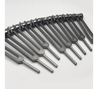 MYRIAD MELODIES 9pc Secret Solfeggio Tuning Fork Set - 528hz, Printed Engrams, Drawstring Pouch and Strikers, Chakra Alignment, Sound Therapy, Biofield Therapy - Gray Color