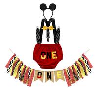 MYRISAM Baby Boys Mickey Birthday Cake Smash Photo Prop Outfits Red ONE Bloomers Bow Tie Suspender Headband w/Highchair Banner 6-12M