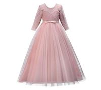 MYRISAM Flower Girls 3/4 Sleeve Wedding Tulle Lace Dress First Communion Birthday Baptism Christening Pageant Graduation Dance Party Ball Gown Light Pink 11-12T
