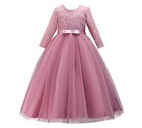 MYRISAM Flower Girls 3/4 Sleeve Wedding Tulle Lace Dress First Communion Birthday Baptism Christening Pageant Graduation Dance Party Ball Gown Dusty Pink 11-12T