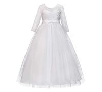 MYRISAM Flower Girls 3/4 Sleeve Wedding Tulle Lace Dress First Communion Birthday Baptism Christening Pageant Graduation Dance Party Ball Gown White 13-14T