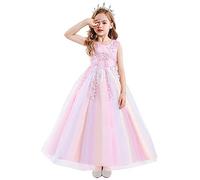 MYRISAM Flower Girls Embroidered Lace Wedding Party Sequins Dress Formal Birthday Princess Pageant Long Tulle Gown Rainbow Pink 10-11T