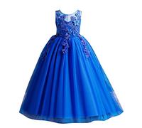 MYRISAM Flower Girls Princess Tulle Lace Pageant Dress Embroidery Wedding Bridesmaid Birthday Carnival Christmas Graduation Dance Party Floor Length Ball Gown Royal Blue 11-12T