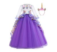 MYRISAM Girl's Unicorn Princess Long Sleeve Dress Wedding Birthday Pageant Halloween Carnival Christmas Party Long Tulle Fancy Dress Up Outfits Dance Ball Gowns w/Headband Purple 4-5T