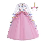 MYRISAM Girl's Unicorn Princess Long Sleeve Dress Wedding Birthday Pageant Halloween Carnival Christmas Party Long Tulle Fancy Dress Up Outfits Dance Ball Gowns w/Headband Pink 8-9T