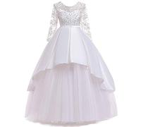 MYRISAM Little Big Girls Applique Lace Princess Pageant Dresses Long Sleeve Bridesmaid Wedding Party Birthday Long Maxi Ball Gown White 5-6T