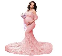MYRISAM Women Maternity Lace Mermaid Gown Off Shoulder Ruffle Slim Fitted Photo Shoot Wedding Party Prom Baby Shower Dress Pink XL