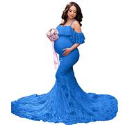 MYRISAM Women Maternity Lace Mermaid Gown Off Shoulder Ruffle Slim Fitted Photo Shoot Wedding Party Prom Baby Shower Dress Deep Blue L