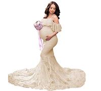 MYRISAM Women Maternity Lace Mermaid Gown Off Shoulder Ruffle Slim Fitted Photo Shoot Wedding Party Prom Baby Shower Dress Apricot XL