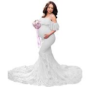 MYRISAM Women Maternity Lace Mermaid Gown Off Shoulder Ruffle Slim Fitted Photo Shoot Wedding Party Prom Baby Shower Dress White XL