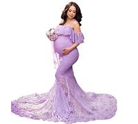 MYRISAM Women Maternity Lace Mermaid Gown Off Shoulder Ruffle Slim Fitted Photo Shoot Wedding Party Prom Baby Shower Dress Lavender S