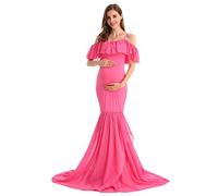 MYRISAM Women's Off Shoulder Ruffles Maternity Baby Shower Dress Mermaid Layerd Chiffon Wedding Party Slim Fitted Gown Hot Pink L