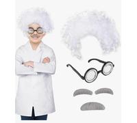 MyrkalaToy 4 Pieces Mad Scientist Costume Include Lab Wig Funny Nerd Glasses Mustaches Eyebrows, Frizzy White Scientist Lunatic Wig Old Man Costume Fancy Dress for Festival Party Stage Cosplay