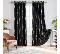 MYRU 2-Panel Luxury Blackout Curtains with Gold Wave Pattern - 66x90 Inches Set of 2, Elegant Light Blocking Curtains for Living Room & Bedroom, Noise Reducing Home Decor with Black & Gold Design