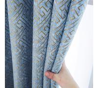 MYRU Luxury Jacquard Chenille Curtains - Modern Geometric Design in Blue & Gold for Living Room or Bedroom (66x90 Inches, Set of 2 Panels)