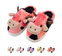 MyRytanda Cartoon Cow Slippers Cute Plush Slippers Colorful Cows Animal Shoes for Women Men Indoor Outdoor, pink red, 6/7.5 UK