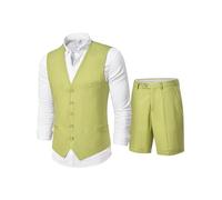 MY'S Men’s 2-Piece Linen Vest Pants, Lightweight Waistcoat Shorts, Casual Beach Summer Wedding Prom Homecoming Outfit, Green, XL